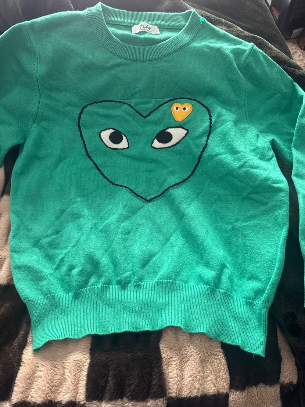 Woman's  Comm des Garcons Play Green Heart-Eye Sweater with Yellow Heart Patch.
